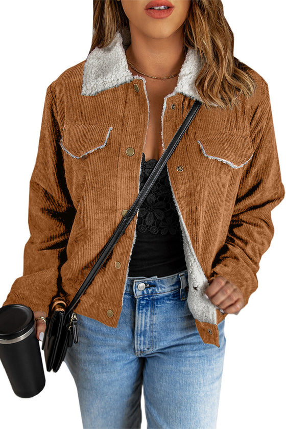 Brown Casual Sherpa Lining Corduroy Jacket