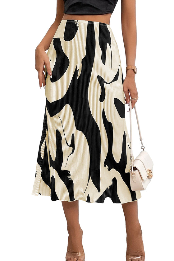 Black Colorblock Abstract Print Pleated Midi Skirt