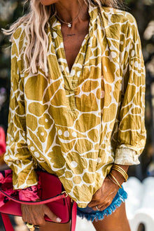  Yellow Abstract Floral Print V-Neck Blouse