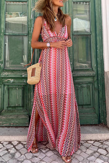  Red Halter Boho Print Side Slits Maxi Dress