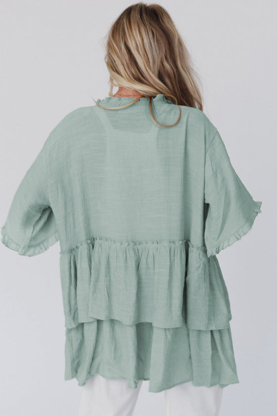 Green Ruffled Trim Short Sleeve Open Front Kimono | Available in Other Colors