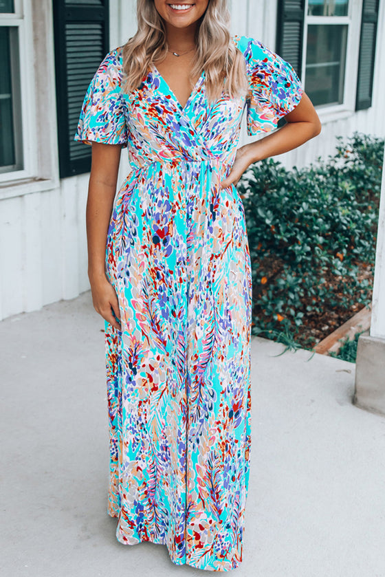 Abstract Print Wrap V Neck Flutter Sleeve Mid Length Summer Dress | Available in Blue