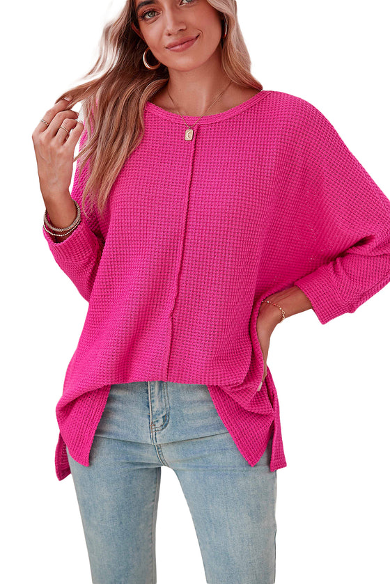 Rose Red Textured Sleeve Split Top