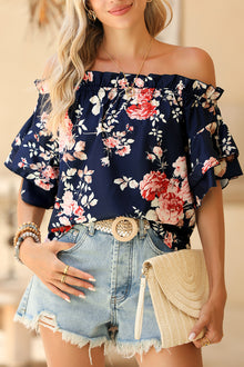  Blue Ruffle Off Shoulder Flounce Sleeve Floral Blouse