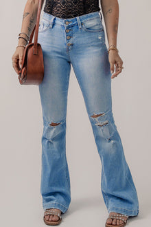  Beau Blue High Waist Button Front Ripped Flare Jeans