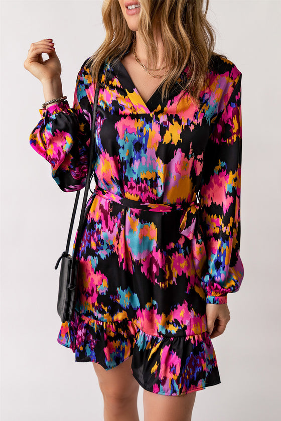 Abstract Print Waist Belted Long Sleeve Dress | Other Colors Available