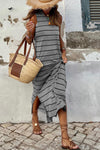 Black Stripe Print Open Back Sleeveless Maxi Dress With Slits