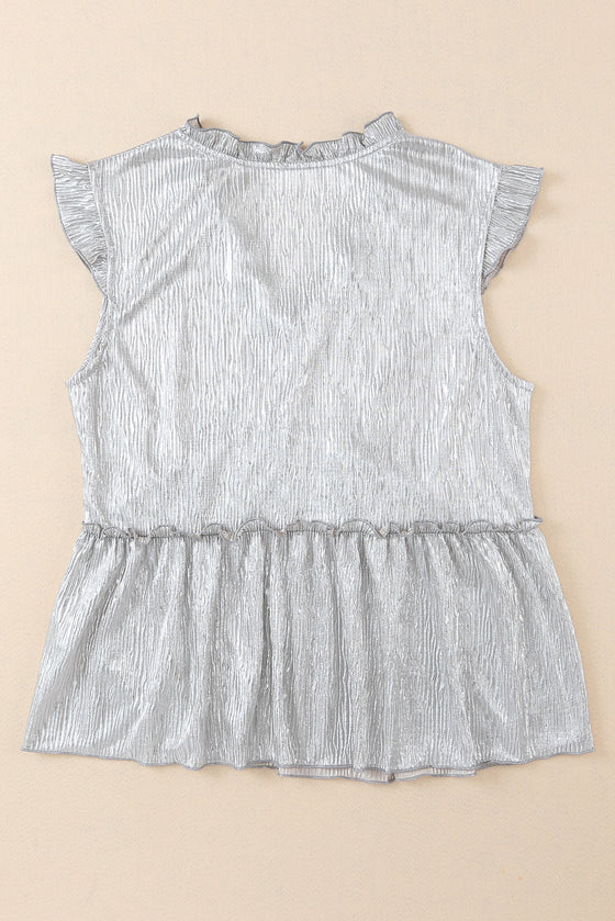 Khaki Frilled V Neck Metallic Crinkle Sleeveless Blouse