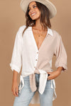 White Colorblock V Neck Collared Side Slits Blouse