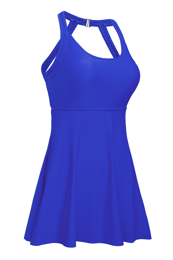 Blue Strappy Halter Neck Skirt One Piece Swimsuit