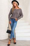 Green Textured Knit Round Neck Dolman Sleeve Sweater