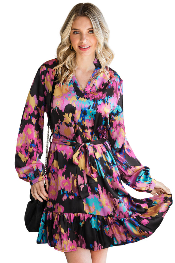 Abstract Print Waist Belted Long Sleeve Dress | Other Colors Available