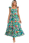 Green Boho Floral Print Ruffle Sleeveless Tiered Maxi Dress