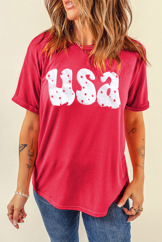 Red Casual USA Stars Graphic T-Shirt