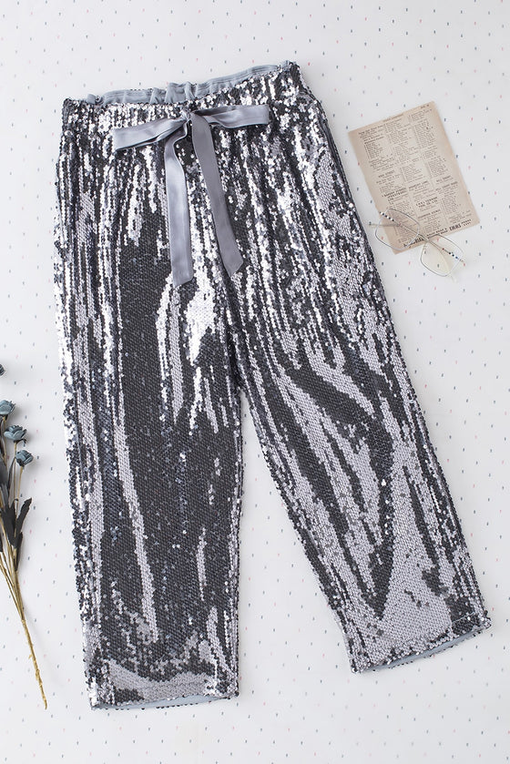 Silver High Waisted Drawstring Cropped Sequin Pants