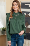 Green Ruffled Solid Color Pleated Long Sleeve Blouse