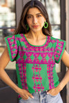 Magenta and Green Abstract Print Cap Sleeve Shirt