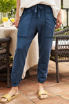 Navy Blue Drawstring Frayed Pockets Jogger Pants