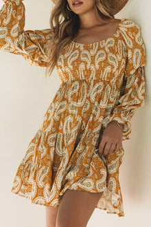  Yellow Boho Paisley Floral Print Long Sleeve Short Dress