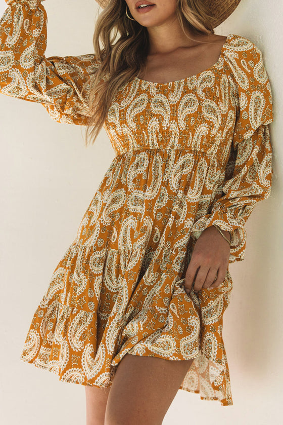 Yellow Boho Paisley Floral Print Long Sleeve Short Dress