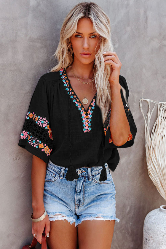 Black Boho Tassel Drawstring Embroidered Blouse