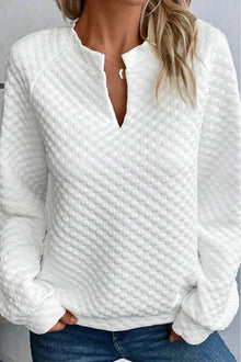  White Quilted V-Neck Solid Color Long Sleeve Top | Available in 4 Colors