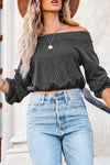 Gray Ribbed Off-Shoulder Balloon Sleeve Top