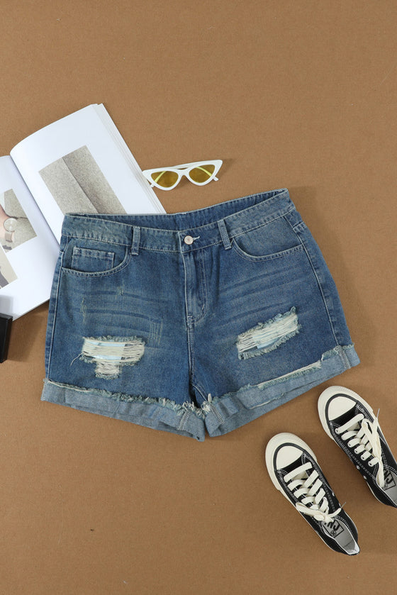 Light Blue Casual Ripped Rolled Hem Denim Shorts