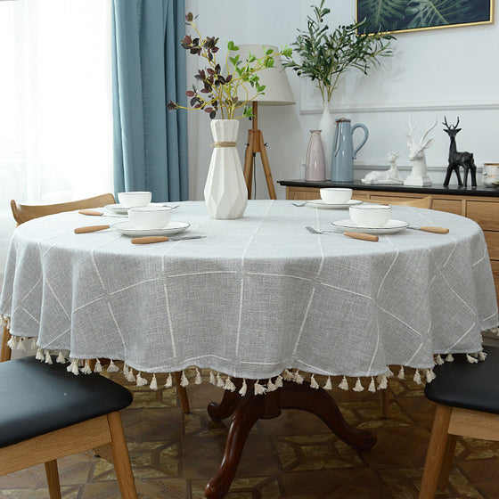 Large Round Table Cloth in Grid Pattern with Ivory Tassel Trim