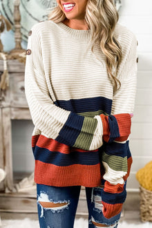  Colorblock Striped Button Drop Shoulder Pullover Sweater | Available