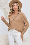 Gray V Neck Collared Retro Waffle Long Sleeve Top | Other Colors Available