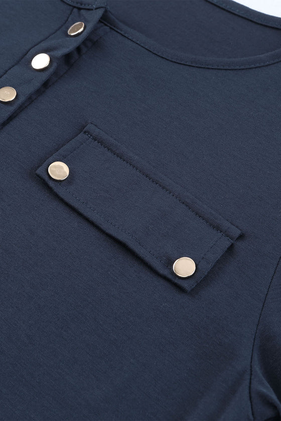 Dark Blue Casual Long Sleeve Snap Button Henley Top | Available in 2 Colors