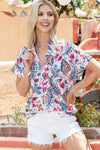 Sky Blue Floral Print Casual V Neck Short Sleeve Blouse