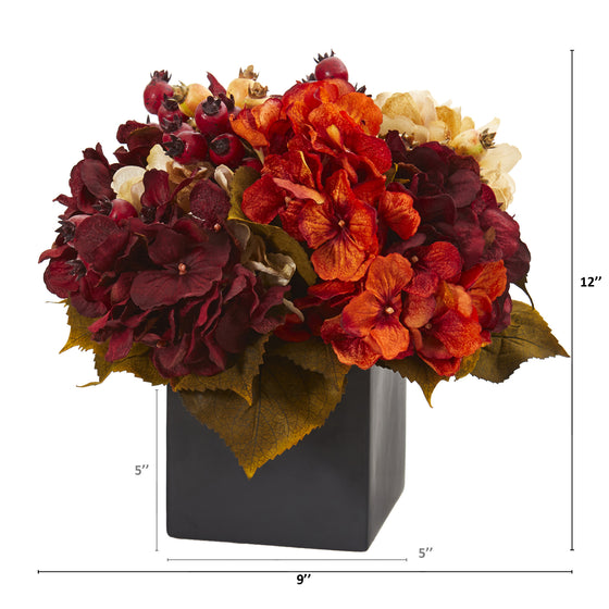 12” Autumn Hydrangea Berry Artificial Arrangement In Black Vase