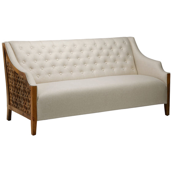 Amelia 72" Sofa with Natural Carved Wood Side Paneling in Ivory Upholstery