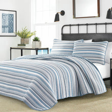  Nautical Blue, White, and Grey Striped Cotton Reversible Quilt Set - King Size