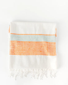  Camden Handwoven Cotton Ivory Throw with Light Blue and Orange Detail