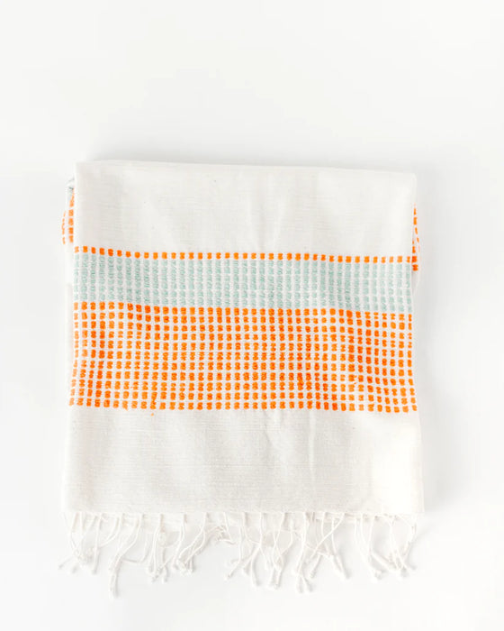 Camden Handwoven Cotton Ivory Throw with Light Blue and Orange Detail