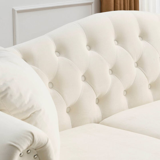 Ivory Velvet Camel Back Sofa with Tufting and Nail Head Trim