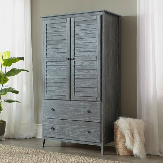 Farmhouse Louvered Distressed Solid Pine Armoire in Grey