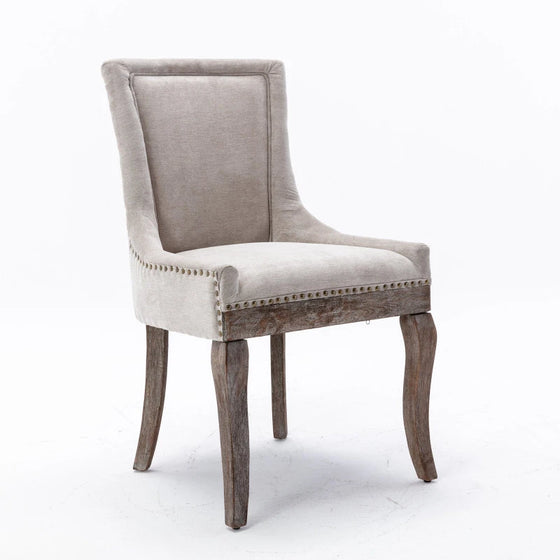 Set of Two Upholstered Farmhouse Style Dining Chairs with Rustic Finished Carved Wood Style Legs