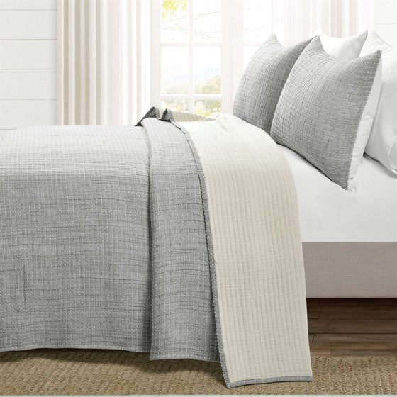 3-Piece Reversible Quilt Set in Gray & Cream