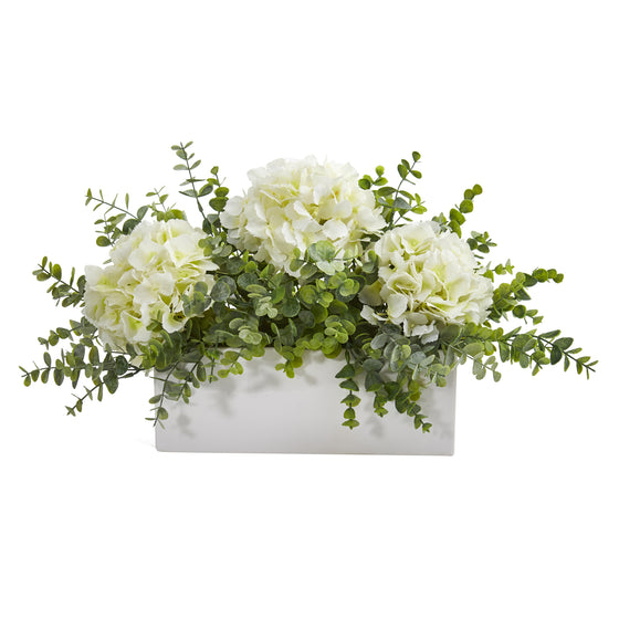 15” Hydrangea And Eucalyptus Artificial Arrangement In White Vase