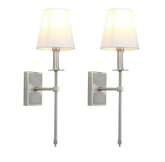 Set of 2 Sconce Lighting Fixtures with Flared White Textile Lamp Shade