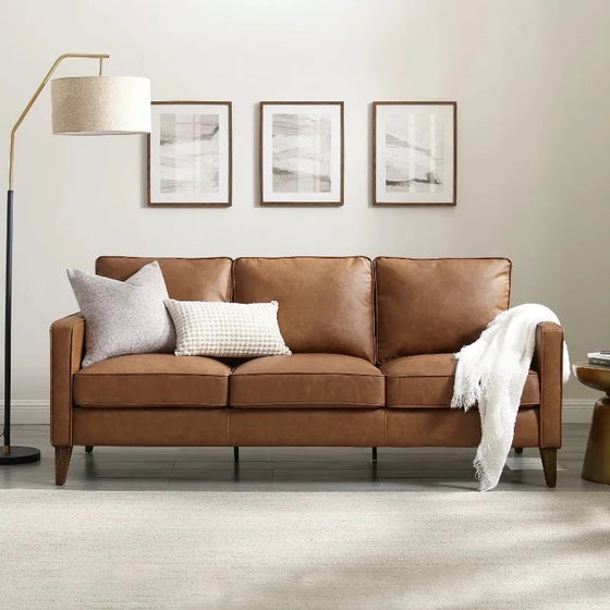 Faux Leather Sofa, Saddle Brown