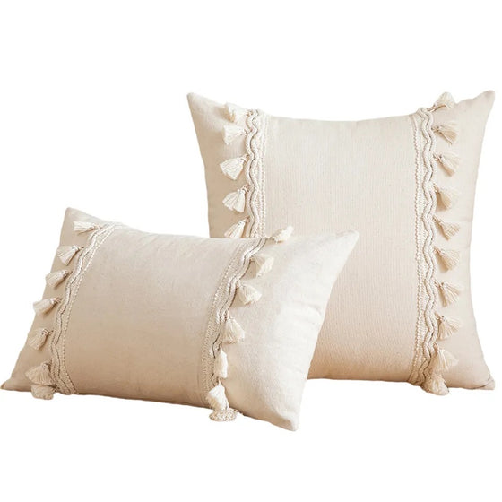 Handwoven Ivory Throw Pillow Covers with Decorative Tassal Design