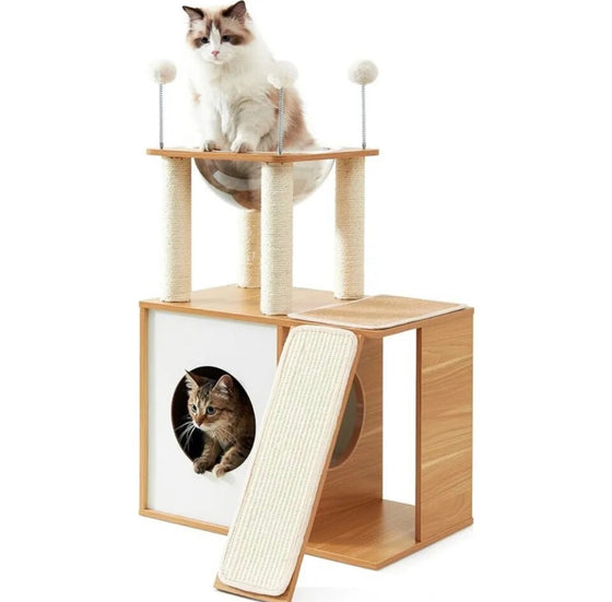 Natural Colored Cat Tree with Wooden Kitty Condo