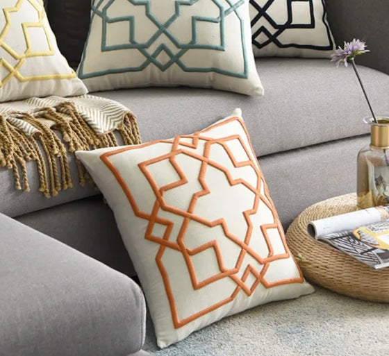 Orange Geometric Design Embroidered Cotton Linen 18" Throw Pillow Cover