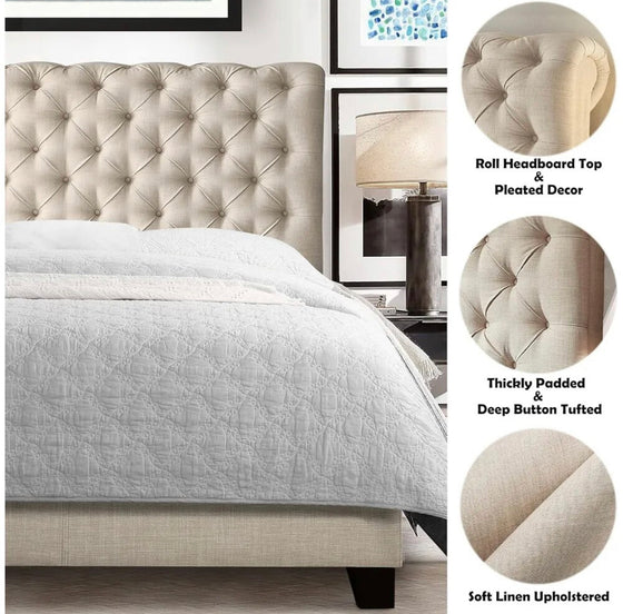 Queen Upholstered and Tuft Bed Frame in Beige