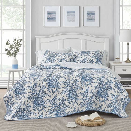 King size 3 Piece Reversible Blue White Floral Cotton Quilt Set